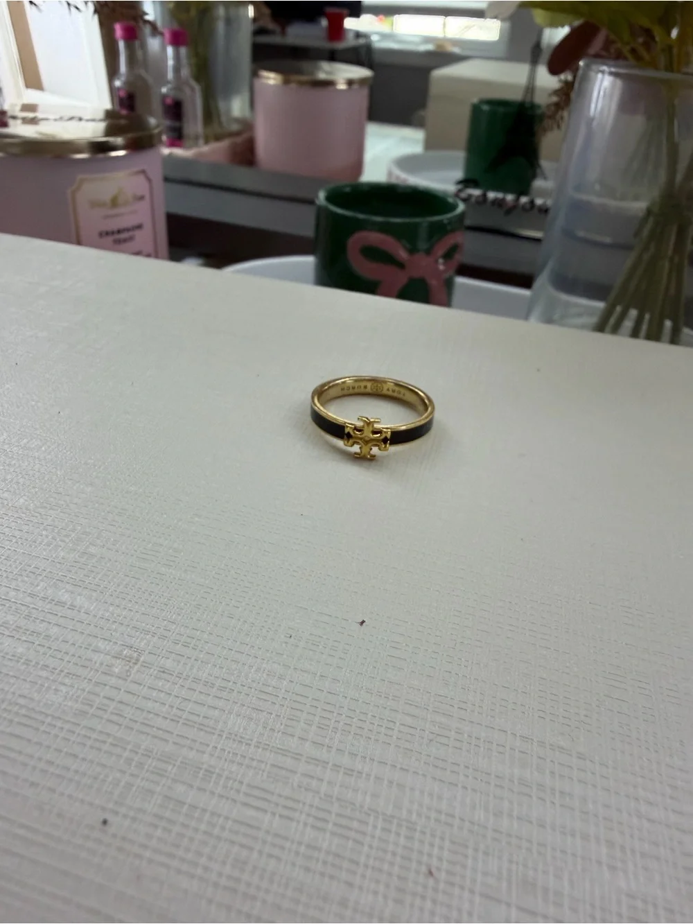 Tory Burch Gold Ring with Black Enamel Band and Logo